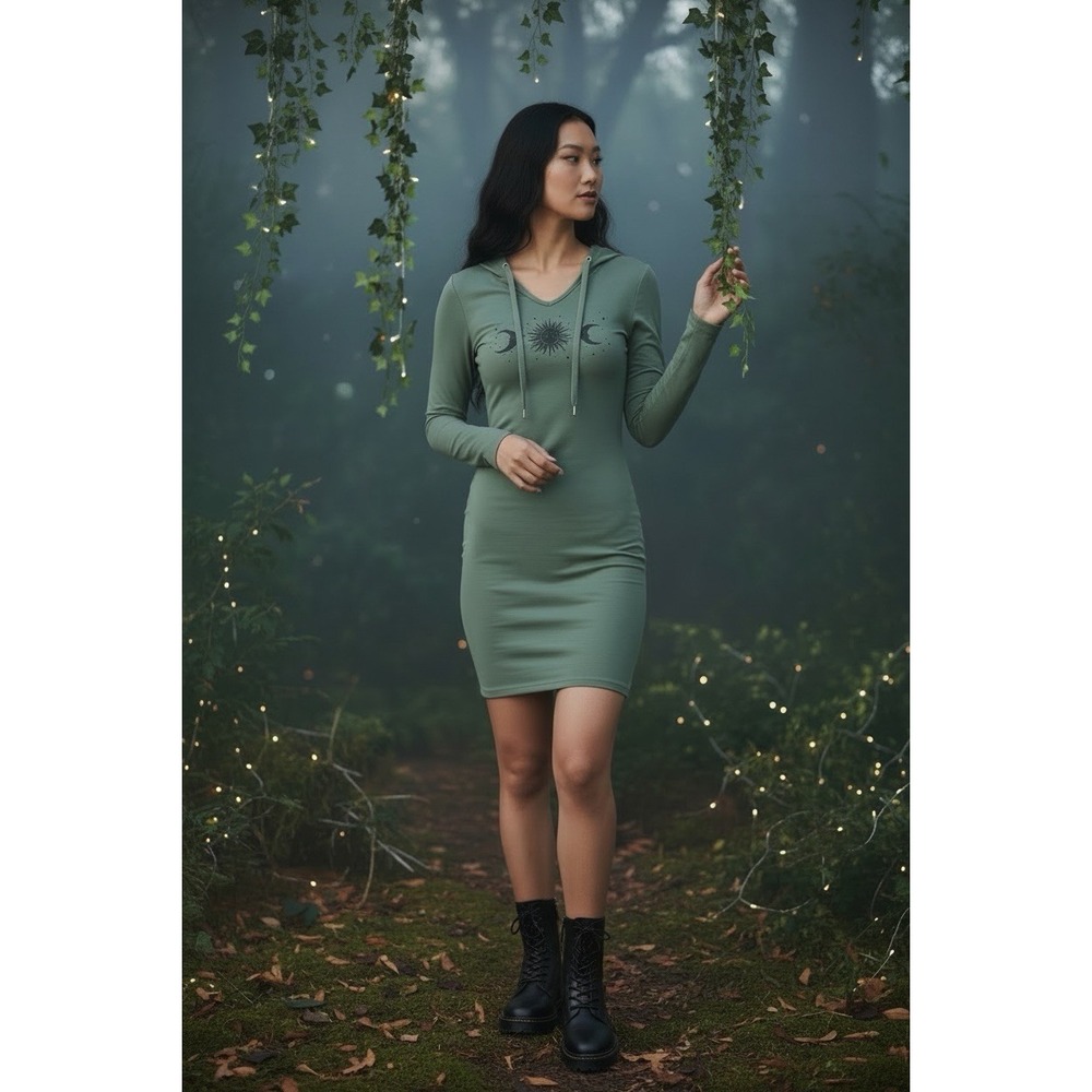 Celestial Sun Moon Hooded Mini Dress Green Whimsigoth Y2K EUC No Boundaries XS